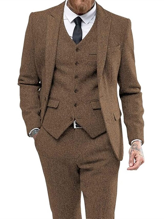 Classic Chocolate Single Breasted Herringbone 3 Pieces Suits Slim Fit Men's Suit