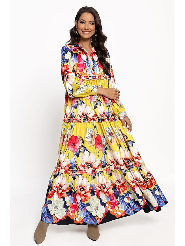  Women's Floral Swing Maxi Dress with Ruffle Button Collar