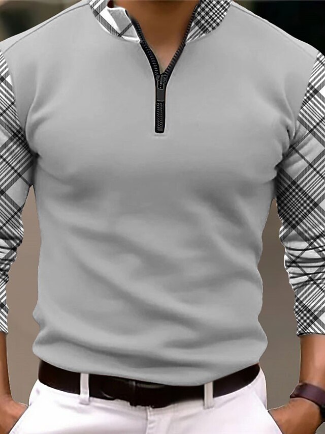 Plaid Business Men's Zip Polo Golf Polo Long Sleeve Outdoor Casual