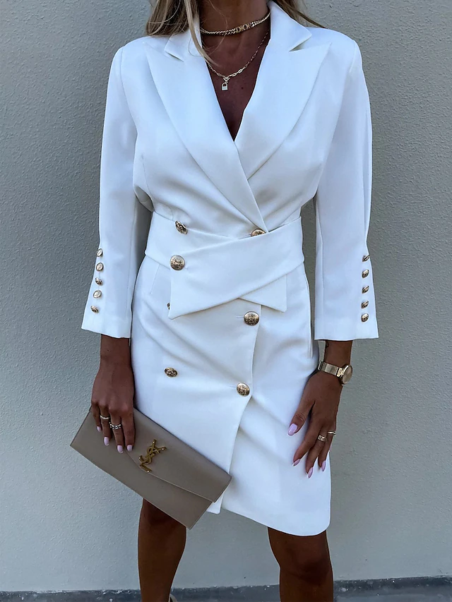 Women's Work Dress Blazer Dress Sheath Dress Fashion Office Daily Mini Dress Double Breasted Shirt Collar Long Sleeve Plain Loose Fit Black White Green Fall Winter S M L XL 13