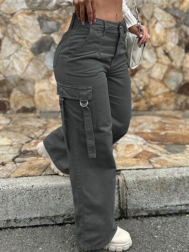  Women‘s Cargo parachute pants Trousers Baggy Full Length Baggy Micro-elastic Mid Waist Fashion Streetwear Street Daily Army Green Dark Grey S M Fall Winter
