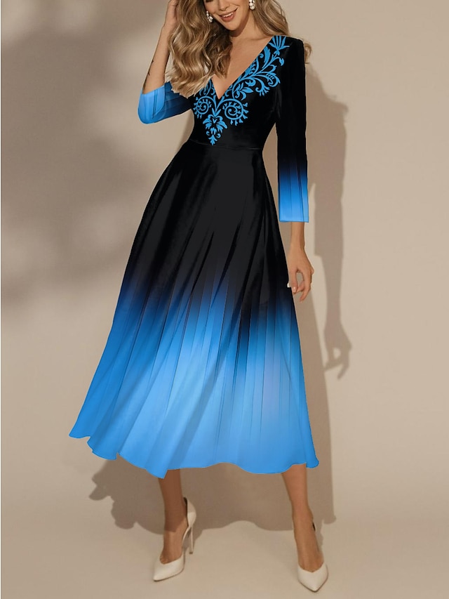  Women's Ombre Print V Neck Long Dress Maxi Dress Vacation 3/4 Length Sleeve Spring Fall