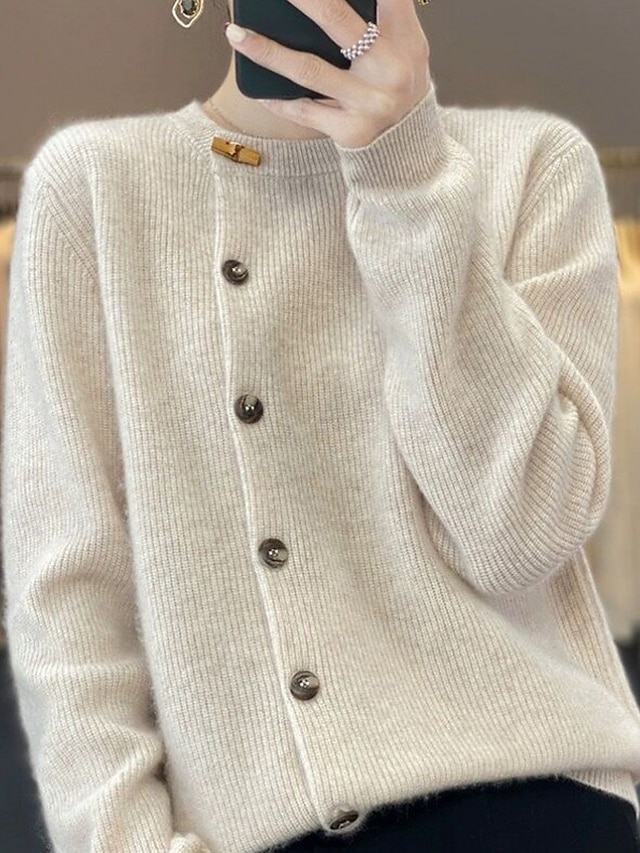  Women's Cardigan Sweater Crew Neck Ribbed Knit Polyester Patchwork Button Fall Winter Regular Daily Going out Weekend Stylish Casual Soft Long Sleeve Solid Color Black Beige Gray S M L