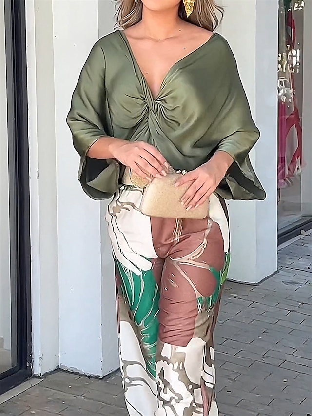 Mujer Camisa Conjuntos de pantalones Graphic Estampado Casual Moda Manga Larga Escote en Pico Verde Ejército Primavera & Otoño