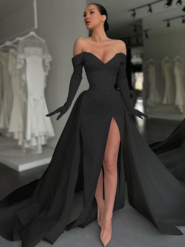  A-Line Evening Gown Elegant Dress Formal Court Train Long Sleeve Off Shoulder Satin with Buttons Pleats Slit 2024