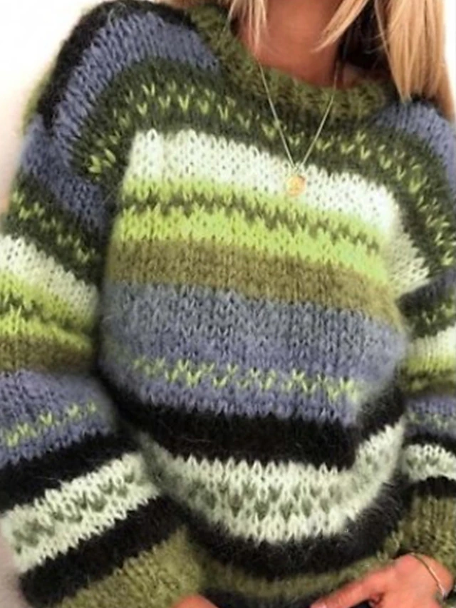Women's Pullover Sweater Jumper Stylish Casual Soft Color Block Striped Chunky Crew Neck Oversized Stripe Long Sleeve Regular Tops Knit Outdoor Daily Going out Purple Green Fall Winter4