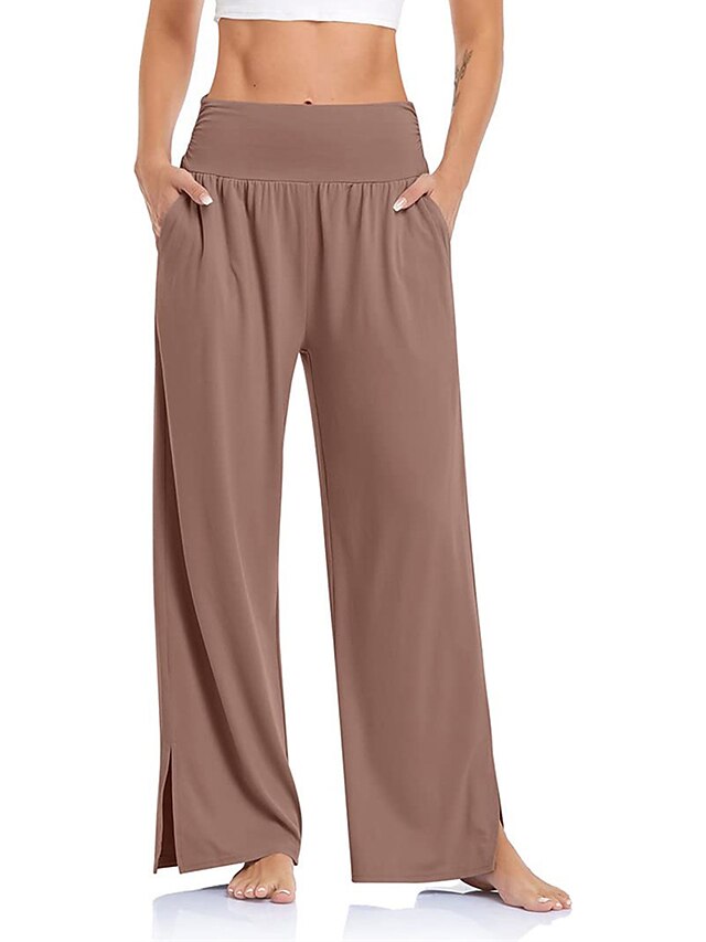 Women's Wide Leg Pants Trousers Mid Waist Full Length bean paste color ...