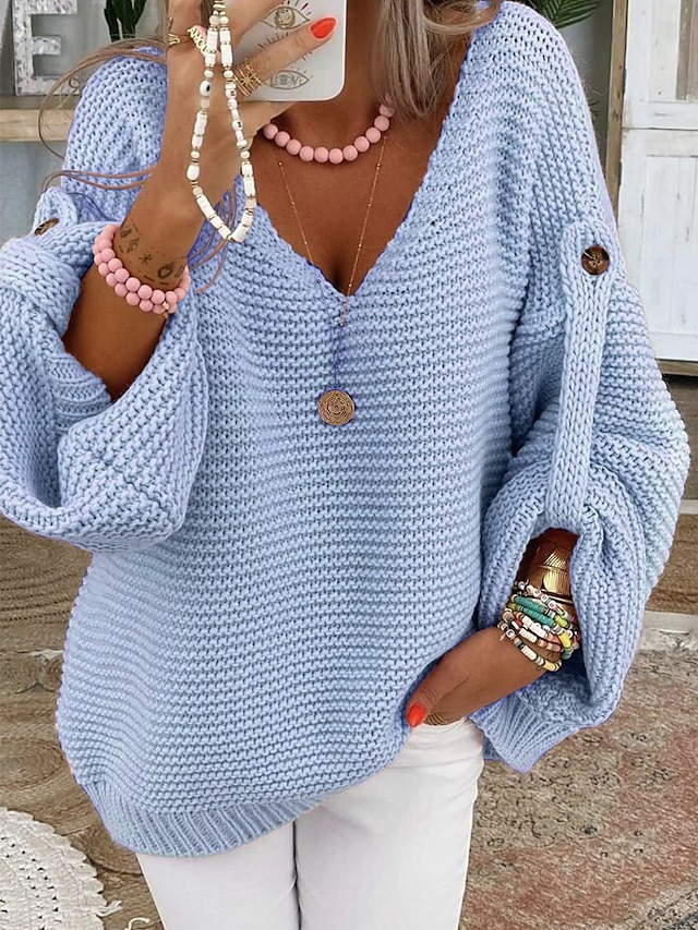  Women's Pullover Sweater Jumper V Neck Crochet Knit Button Oversized Fall Winter Daily Going out Stylish Soft Long Sleeve Pure Color Pink Light Blue