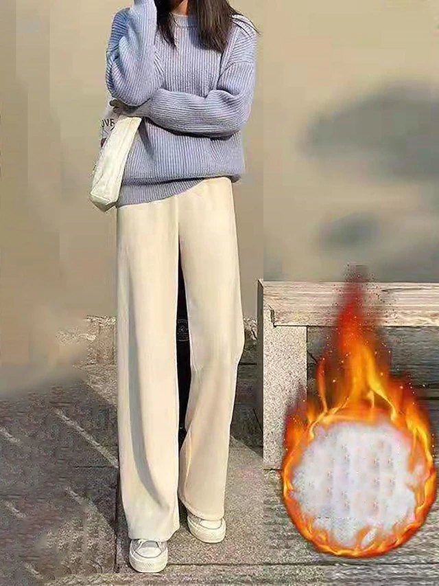 Women's Fleece Pants Wide Leg Pants Trousers Fashion Streetwear Casual Full Length High Waist Solid Color Pocket Elastic Waist Baggy Thermal Warm Soft Comfortable Micro-elastic Outdoor Vacation Street 10