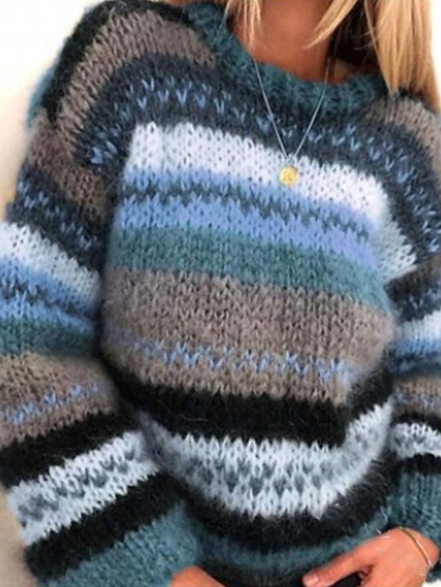  Pull Femme Crocheté Tricoter Col Ras du Cou Mélange de Coton énorme Bandes Automne Hiver Normal Extérieur du quotidien Sortie mode Décontractées Flexible manche longue Bloc de couleur Rayé Bleu