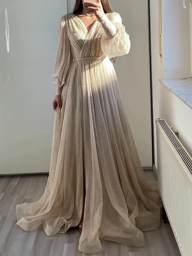  A-Line Prom Dresses Elegant Dress Formal Black Tie Floor Length Long Sleeve V Neck Fall Wedding Guest Tulle with Ruched 2024