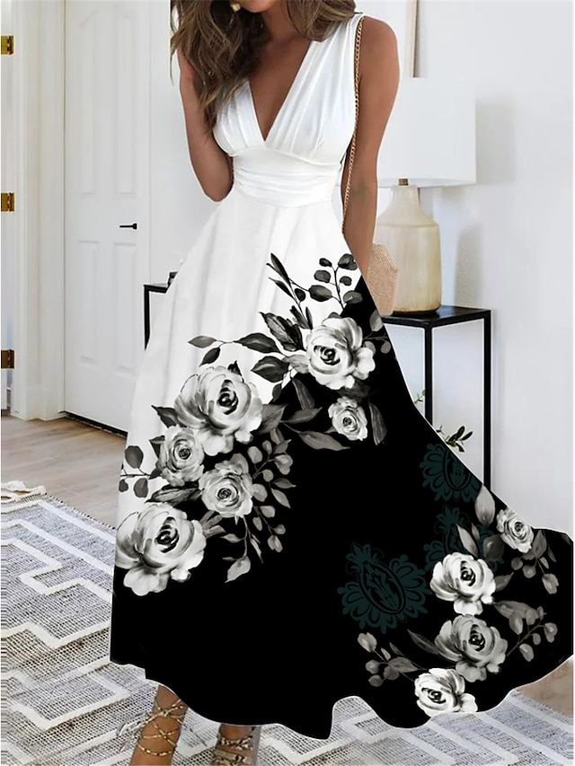  Femme Robe de bal robe soirée Floral Papillon Imprimer Col V robe longue Vacances Sans Manches Eté Printemps