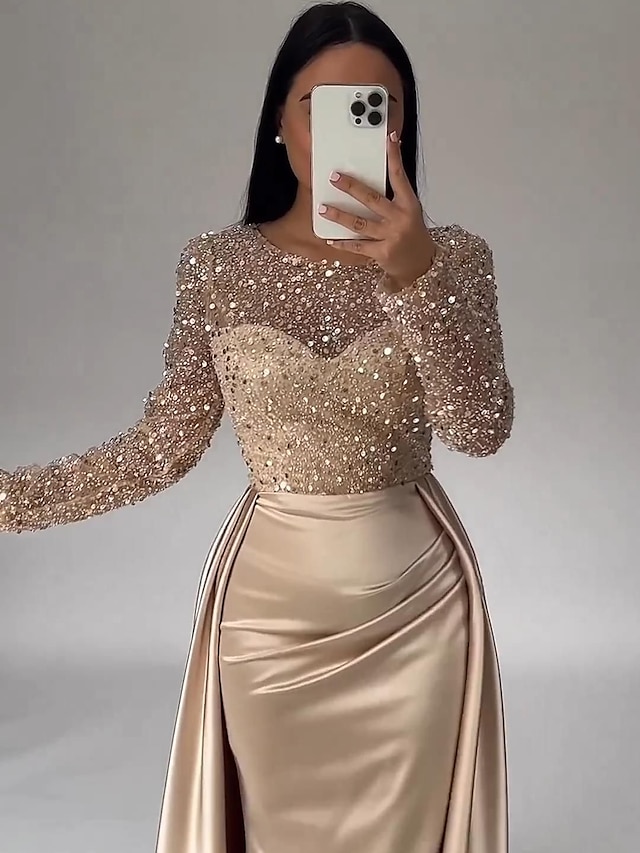  Mermaid Sequin Evening Gown Ruched Satin Dress Long Sleeves Floor Length Sparkle Illusion Neck Prom Wedding Guest Dress with Pearls Overskirt 2024