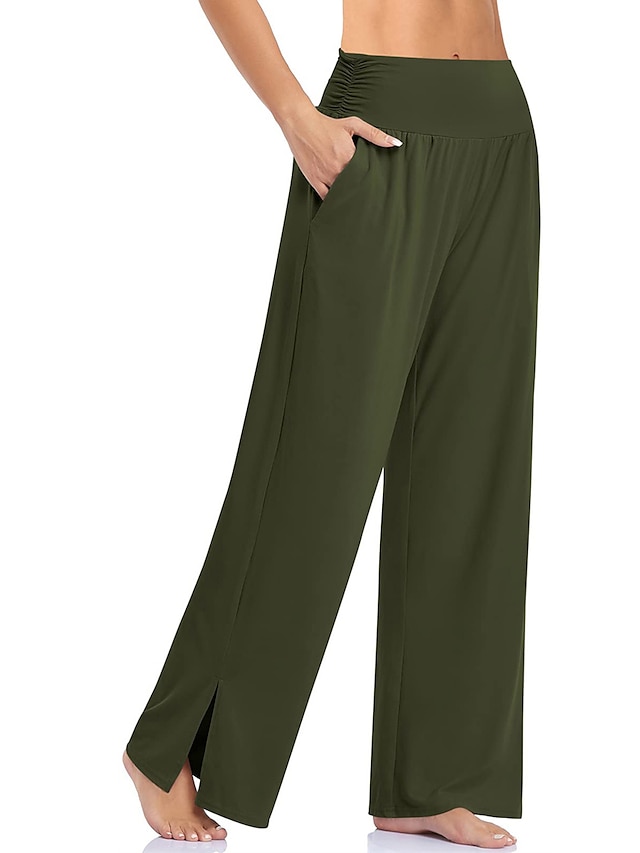 Women's Wide Leg Pants Trousers Mid Waist Full Length bean paste color ...