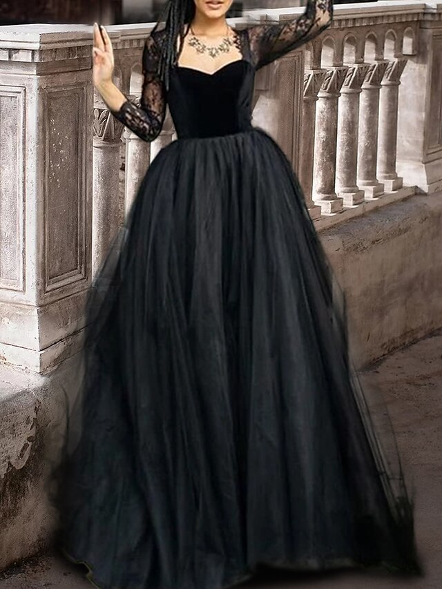 Formal Black Wedding Dresses A Line Square Neck 3 4 Length Sleeve Floor   Slumtq1695112907383 