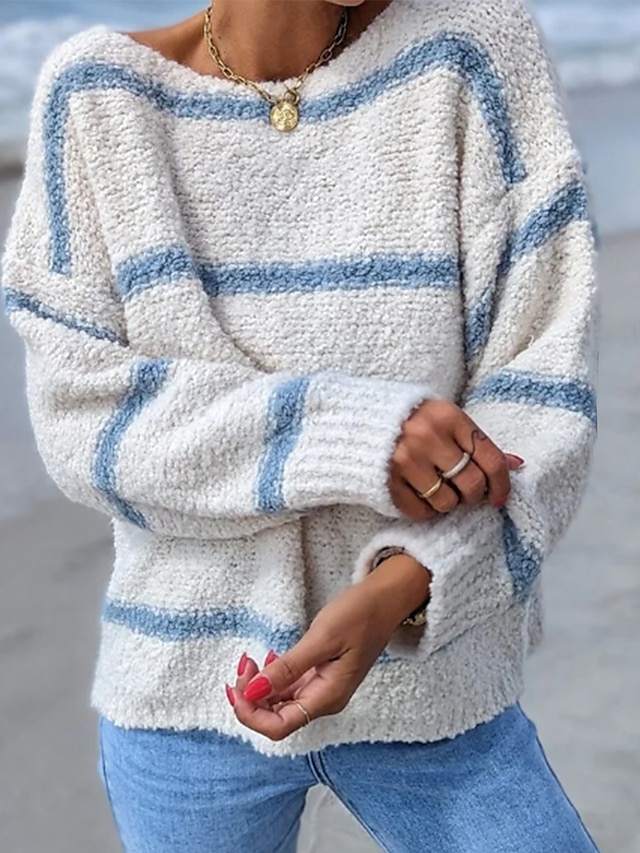  Women's Pullover Sweater Jumper Crew Neck Fuzzy Knit Cotton Blend Oversized Fall Winter Regular Daily Going out Stylish Casual Soft Long Sleeve Striped White / Black Light Blue S M L