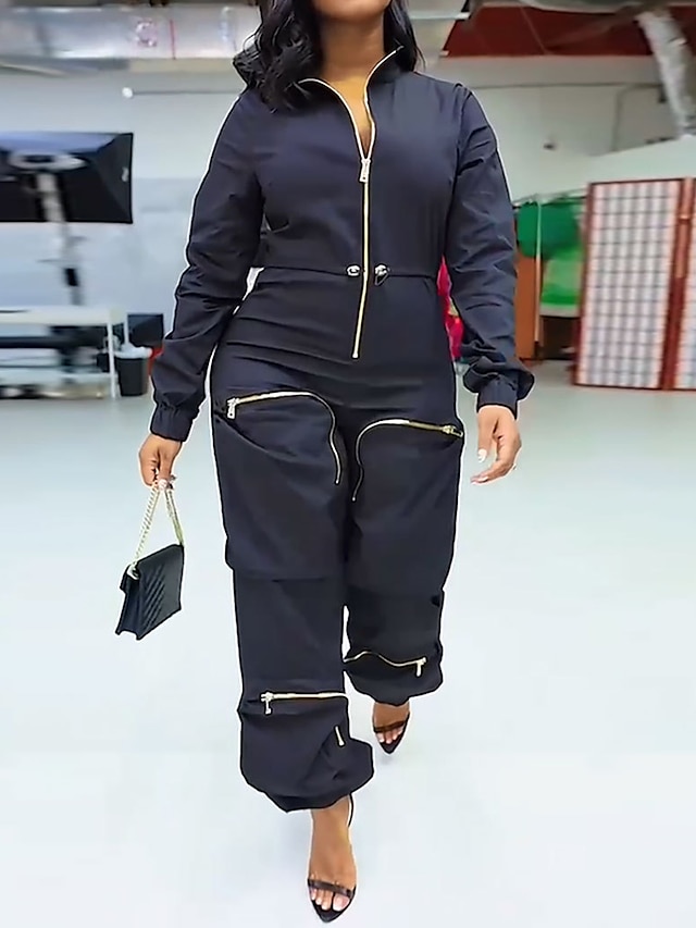 Women's Normal Jumpsuit Streetwear Solid Color Sleeveless Shirt Collar Zipper Pocket Street Daily Regular Fit Black White Fall