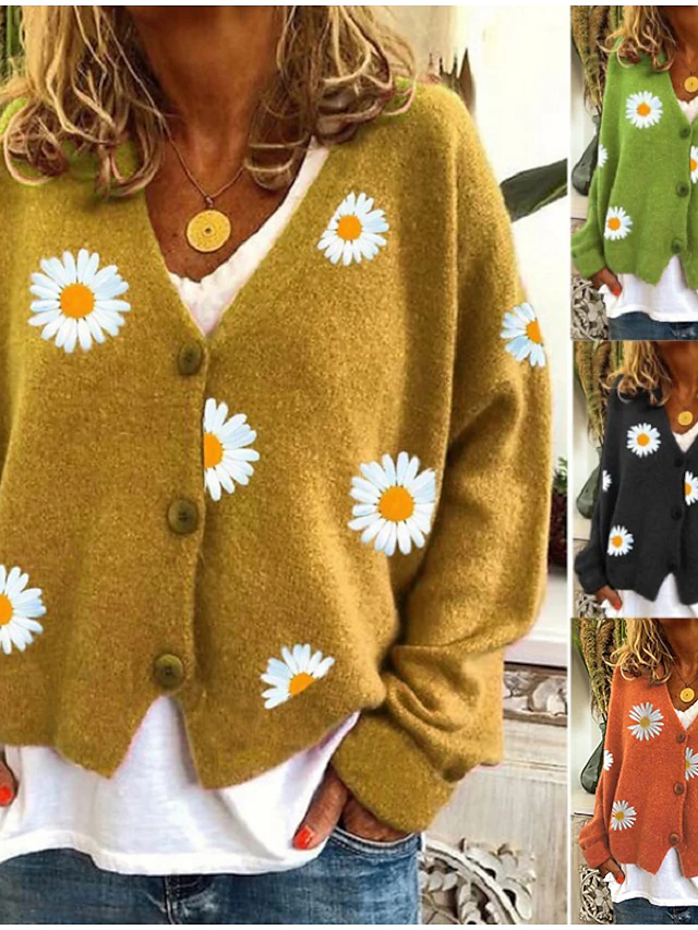 Women's Cardigan Sweater Elegant Stylish Casual Daisy Maillard Ribbed Open Front Patchwork Embroidery Long Sleeve Regular Tops Knit Daily Black Yellow Winter 8