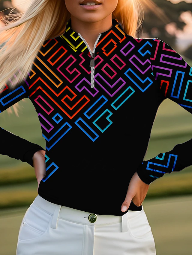 Women's Golf Polo Shirt Black Blue Green Long Sleeve Sun Protection Top
