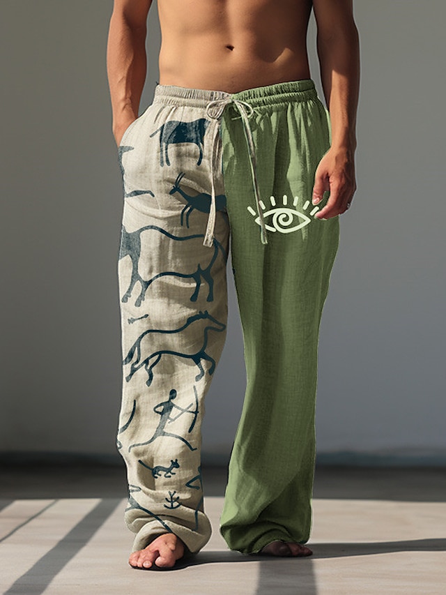  Men's Linen Pants Trousers Summer Pants Beach Pants Drawstring Elastic Waist 3D Print Graphic Prints Comfort Casual Daily Holiday 20% Linen Vintage Classic Style Blue Green