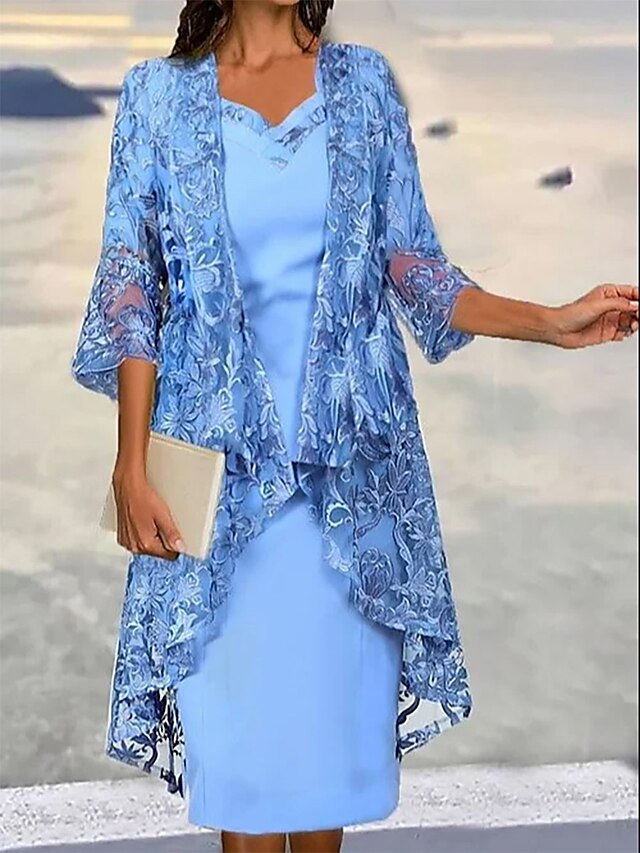  Women's Two Piece Dress Set Lace Dress Casual Dress Outdoor Date Elegant Fashion Lace Trim Midi Dress V Neck 3/4 Length Sleeve Plain Loose Fit Blue Fall Winter S M L XL XXL