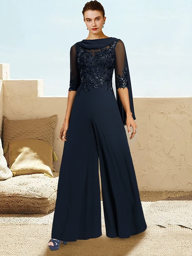 Jumpsuit / Pantsuit Mother of the Bride Dress Formal Wedding Guest Elegant Cowl Neck Floor Length Lace Stretch Chiffon Half Sleeve with Sequin Appliques 2024