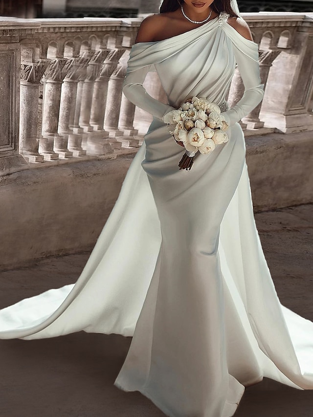  Formální Svatební šaty Dvoudílné Jedno rameno Dlouhý rukáv Na zem Satén Svatební šaty S Šerpa / Stuha Korálky 2024