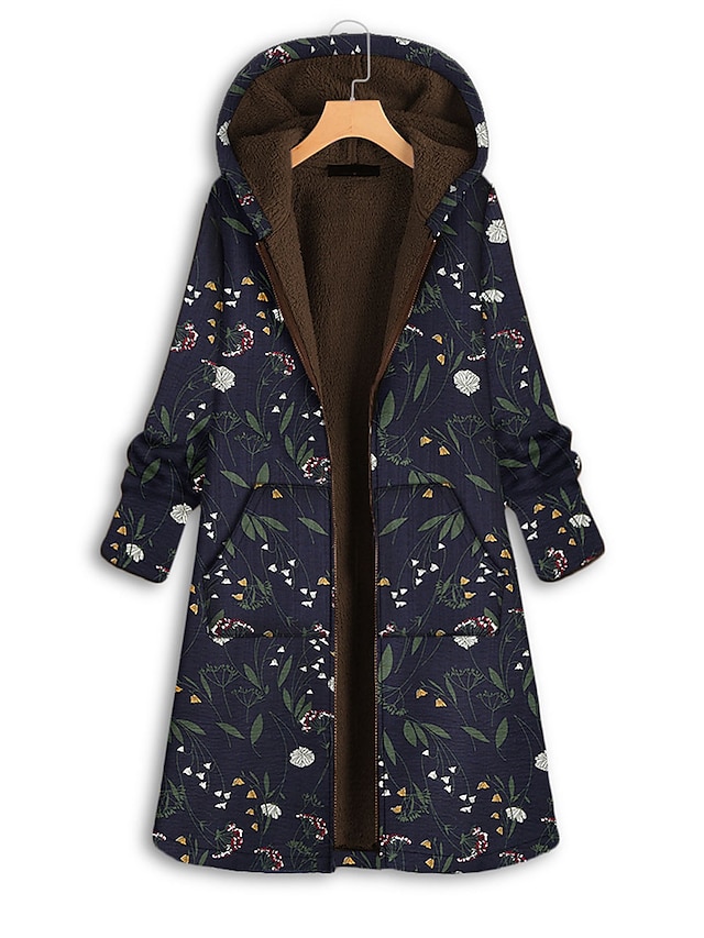  Women's Fleece Teddy Coat Winter Parka with Hood Fall Flower Print Zipper Casual Jacket Windproof Warm Coat with Pocket Fashion Modern Outerwear Long Sleeve