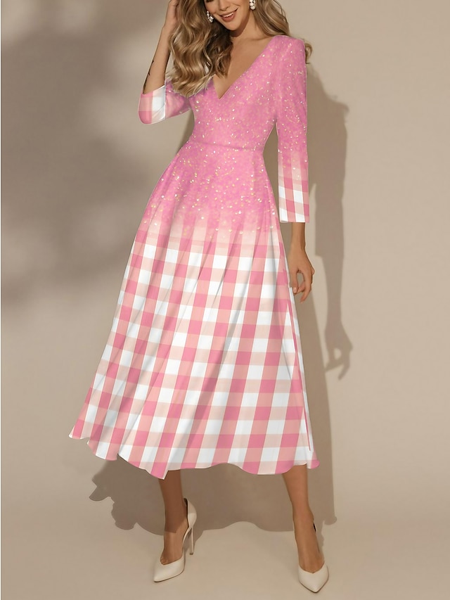  Women's Swing Dress Print Dress Plaid Print V Neck Midi Dress Fashion Streetwear Outdoor Daily 3/4 Length Sleeve Regular Fit Pink Fall Winter S M L XL XXL