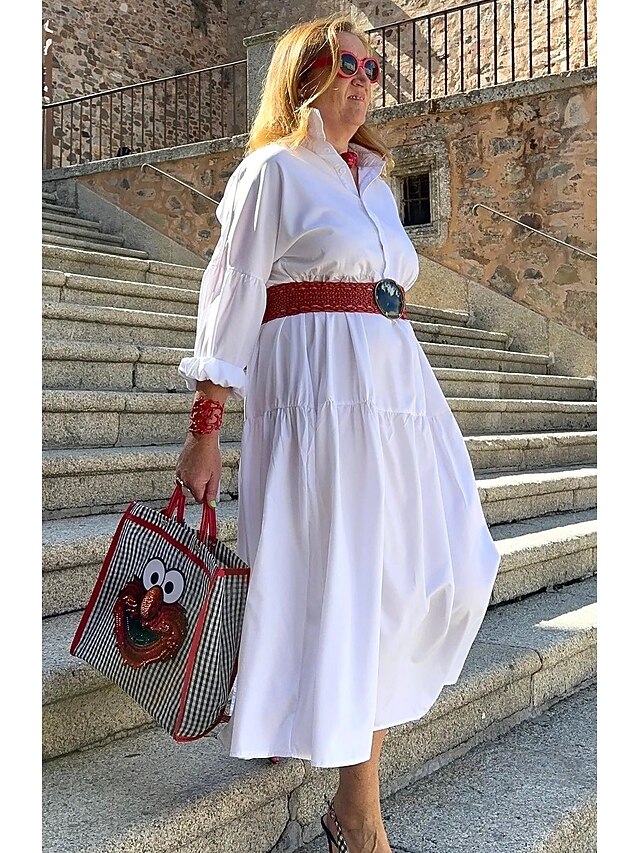 Women's White Dress Shirt Dress Casual Dress Maxi long Dress Outdoor ...