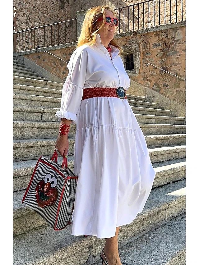 Women's White Dress Shirt Dress Casual Dress Maxi long Dress Outdoor ...