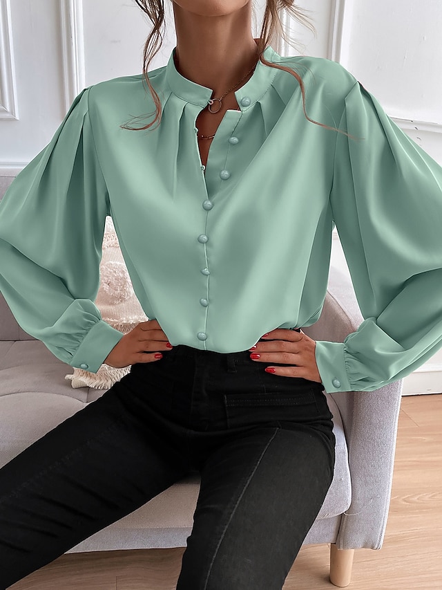  Women's Shirt Lantern Sleeve Blouse Plain Button Work Daily Long Sleeve Standing Collar Black Spring &  Fall