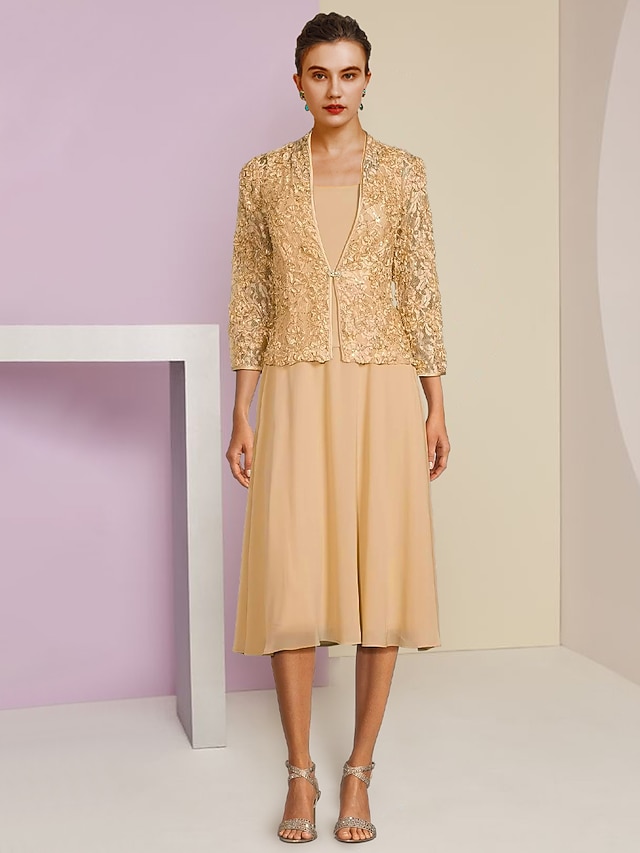 A-Line Mother of the Bride Dress Wedding Guest Elegant Petite Scoop Neck Knee Length Lace Half Sleeve with Ruching Solid Color main image 1