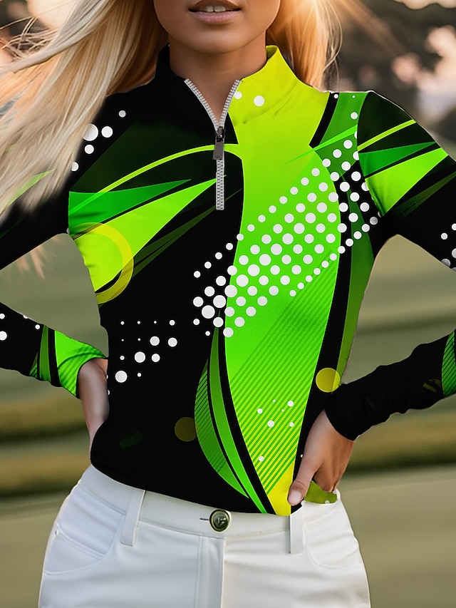  Női POLO trikó Zöld Hosszú ujj Napvédő Felsők Pöttyös Ősz Tél Női golffelszerelések ruhák ruhák, ruházat