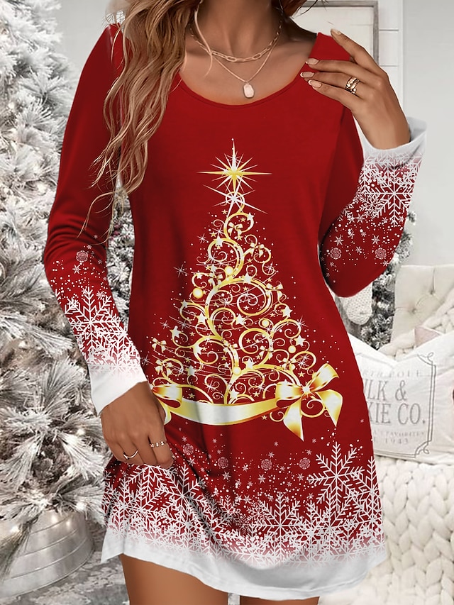  kvinnors julgranstryck arbetsklänning ledig klänning skiftklänning jul vinterklänning miniklänning tryck rund hals långärmad lös passform vin marinblå brun höst vinter s m l xl xxl