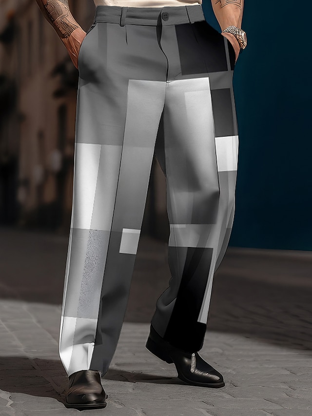  チェック ジオメトリ ビジネス カジュアル 男性用 3Dプリント パンツ アウトドア ストリート 仕事に着る ポリエステル ブルー グリーン カーキ色 S M L ハイウエスト 弾性 パンツ