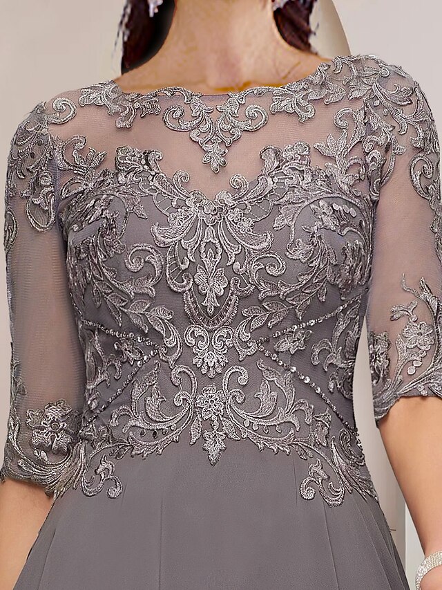 Asymmetrical Neck Half Sleeves A-Line Tea Length Navy Mother of the Bride Dress