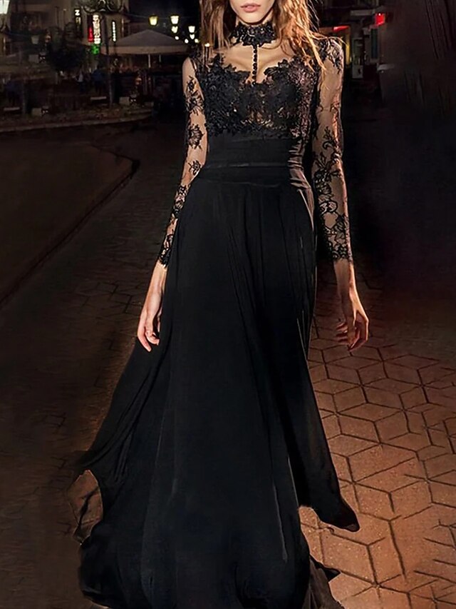 A-Line Evening Gown Vintage Dress Masquerade Floor Length Long Sleeve High Neck Black Dress Chiffon with Appliques4