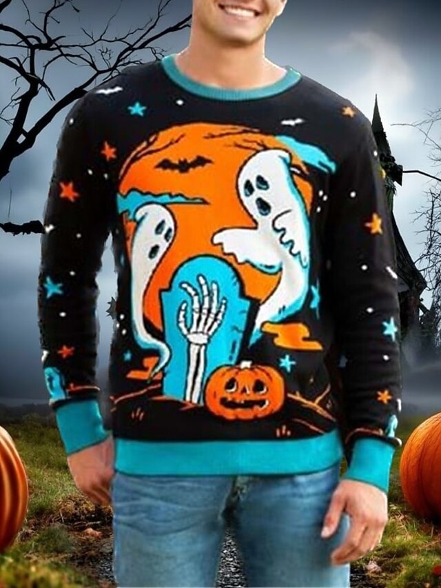 Heart Letter Ghost Fashion Streetwear Designer Men's Knitted Pullover Sweater Jumper Halloween