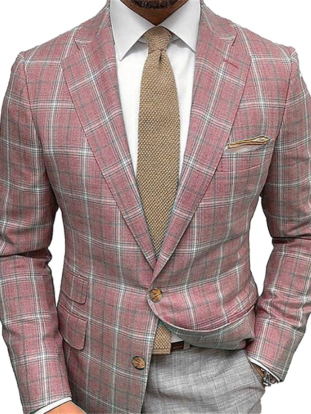  Men's Blazer Business Formal Evening Wedding Party Fashion Casual Spring &  Fall Polyester Plaid / Check Geometic Pocket Casual / Daily Single Breasted Blazer Yellow Red Purple Green