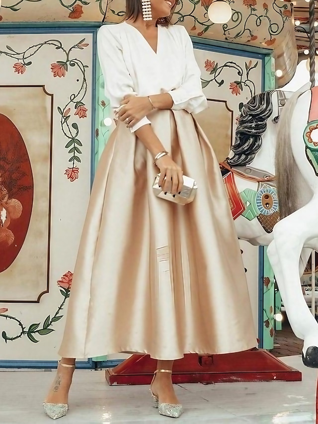  dwuczęściowe sukienki koktajlowe elegancka sukienka weselna długość do herbaty, długi rękaw, dekolt w serek, satyna z zakładkami 2024
