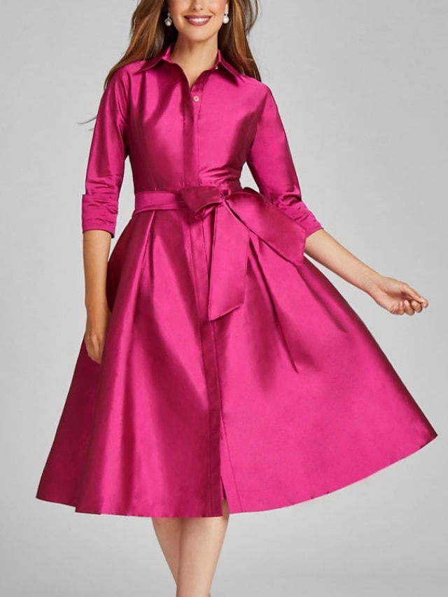  a-line cocktailklänningar elegant klänning minimalistisk klänning formell höst, knälång 3/4-lång skjortkrage satin med rosett/slits 2024