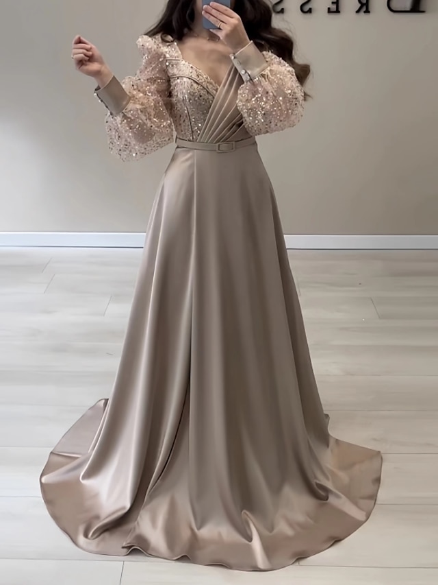  Γραμμή Α Βραδινά φορέματα Κομψό Φόρεμα Επίσημο Χειμώνας Ουρά Μακρυμάνικο Λαιμόκοψη V Σατέν με Γκλίτερ Πλισέ Με τιράντες 2024