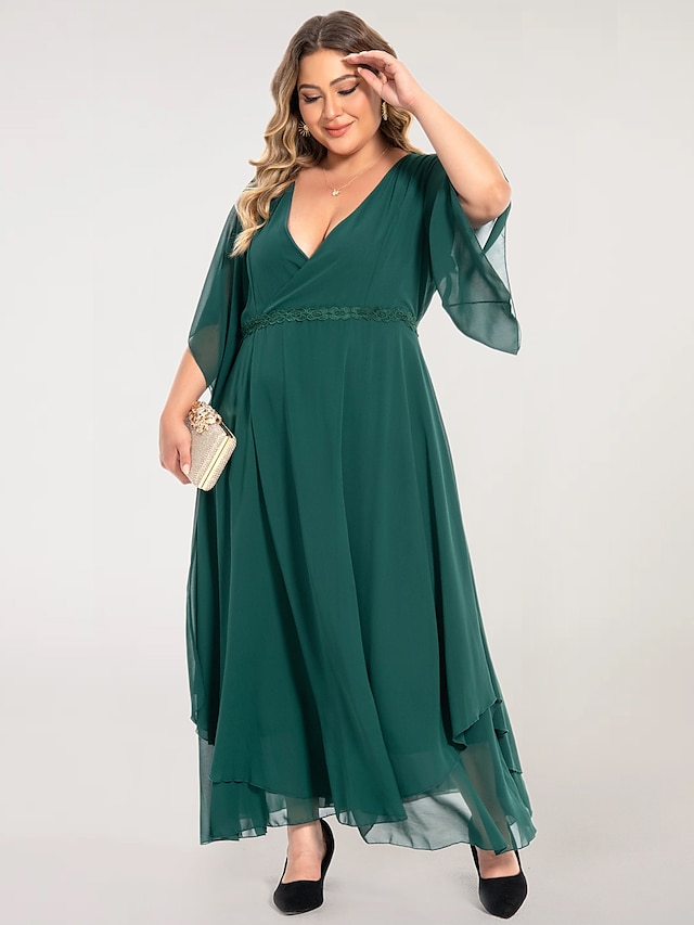  γυναικείο plus size casual φόρεμα swing φόρεμα απλό μακρύ φόρεμα μάξι φόρεμα μήκους 3/4 μανίκι με στρώσεις v λαιμόκοψη βασικό υπαίθριο σκούρο πράσινο καλοκαιρινό ανοιξιάτικο νυφικό καλεσμένων