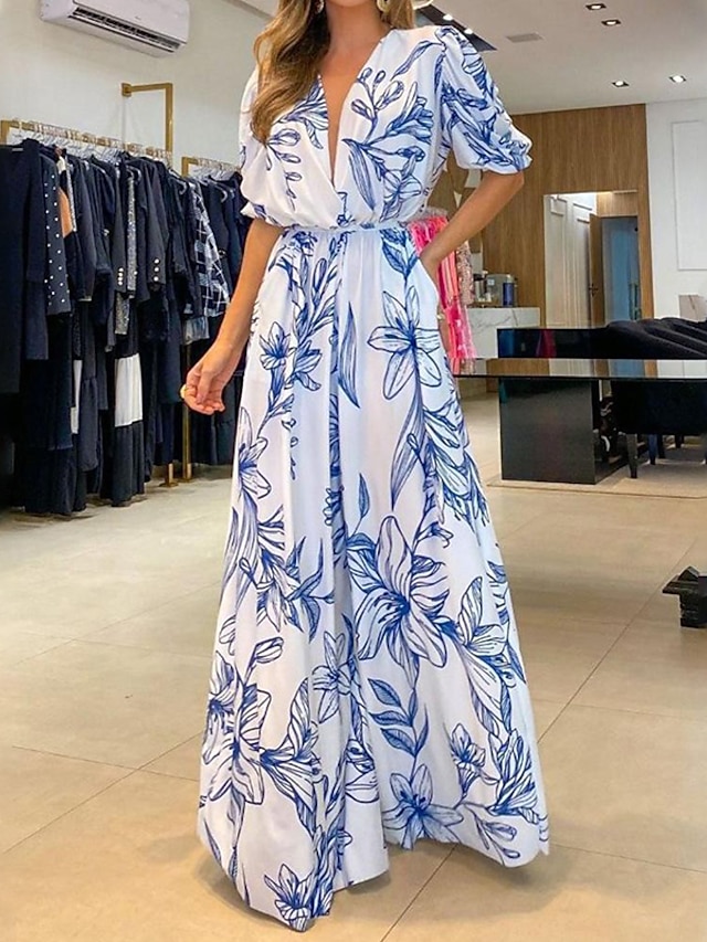  Femme Robe Trapèze Floral Imprimer Col V Manche Gigot robe longue Elégant Soirée Intérieur Manche Courte Eté Automne
