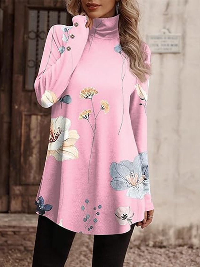  Women's T shirt Tee Floral Yellow Pink Blue Print Long Sleeve Holiday Weekend Fashion Turtleneck High Neck Regular Fit Spring &  Fall