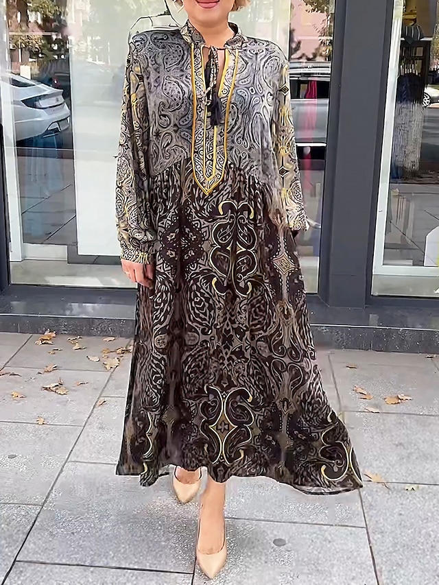  Damen Paisley-Muster Bedruckt V Ausschnitt kleid lang Vintage Ethnisch Täglich Langarm Herbst Winter