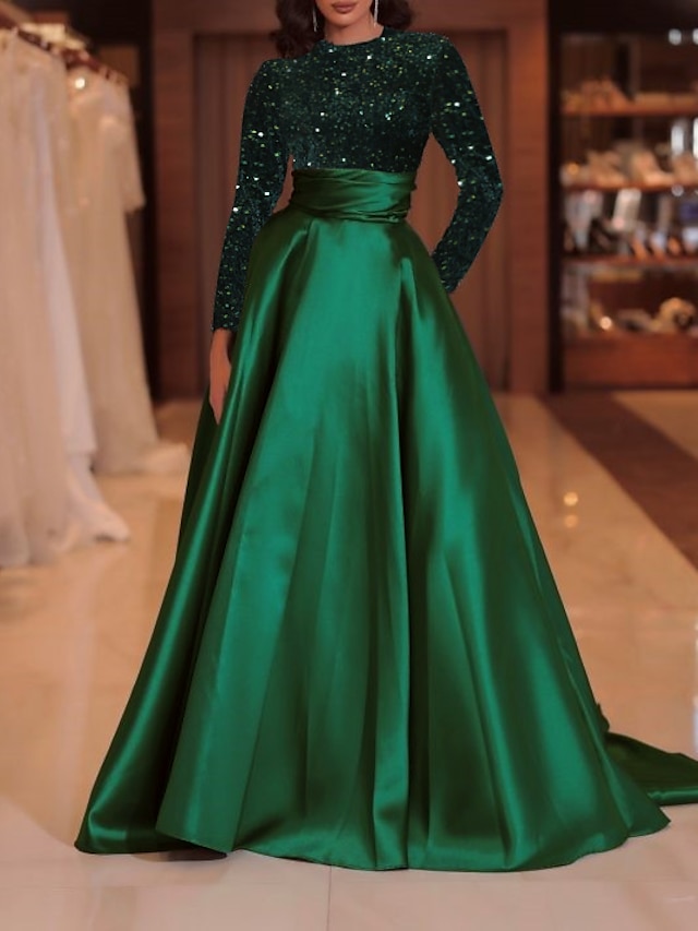  A-Line Evening Gown Sparkle Red Green Dress Formal Cocktail Party Court Train Long Sleeve High Neck Fall Wedding Guest Satin with Sequin 2024