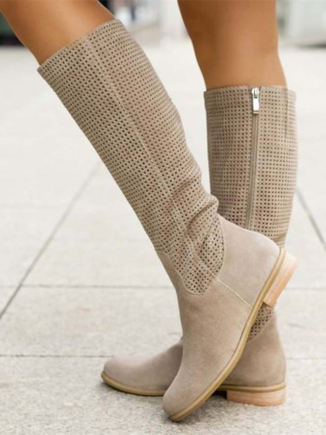  cizme de damă din piele intoartă perforate până la genunchi, cu fermoar - încălțăminte elegantă și respirabilă pentru ieșirile casual și moda de primăvară