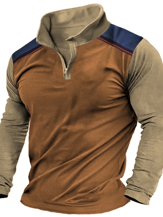  Voor heren T-shirt Halve hemd met rits Shirt met lange mouwen Lange mouw Kwart ritssluiting Lente & Herfst Kleurenblok Modieus Ontwerper Basic Lapwerk Vakantie Straat Uitgaan Bruin Top T-shirt voor